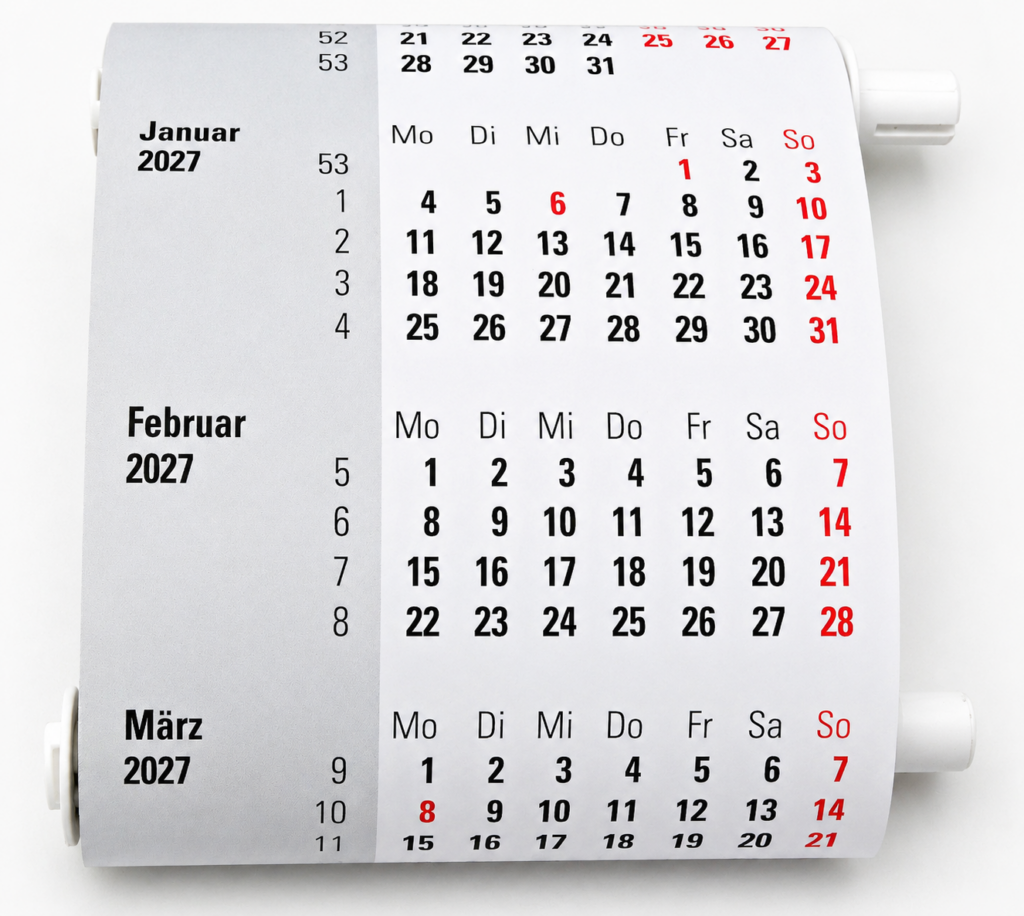 Ersatzkalendarium 2027–2028 für Drehkalender, Kalenderrolle mit 9,4 cm Breite